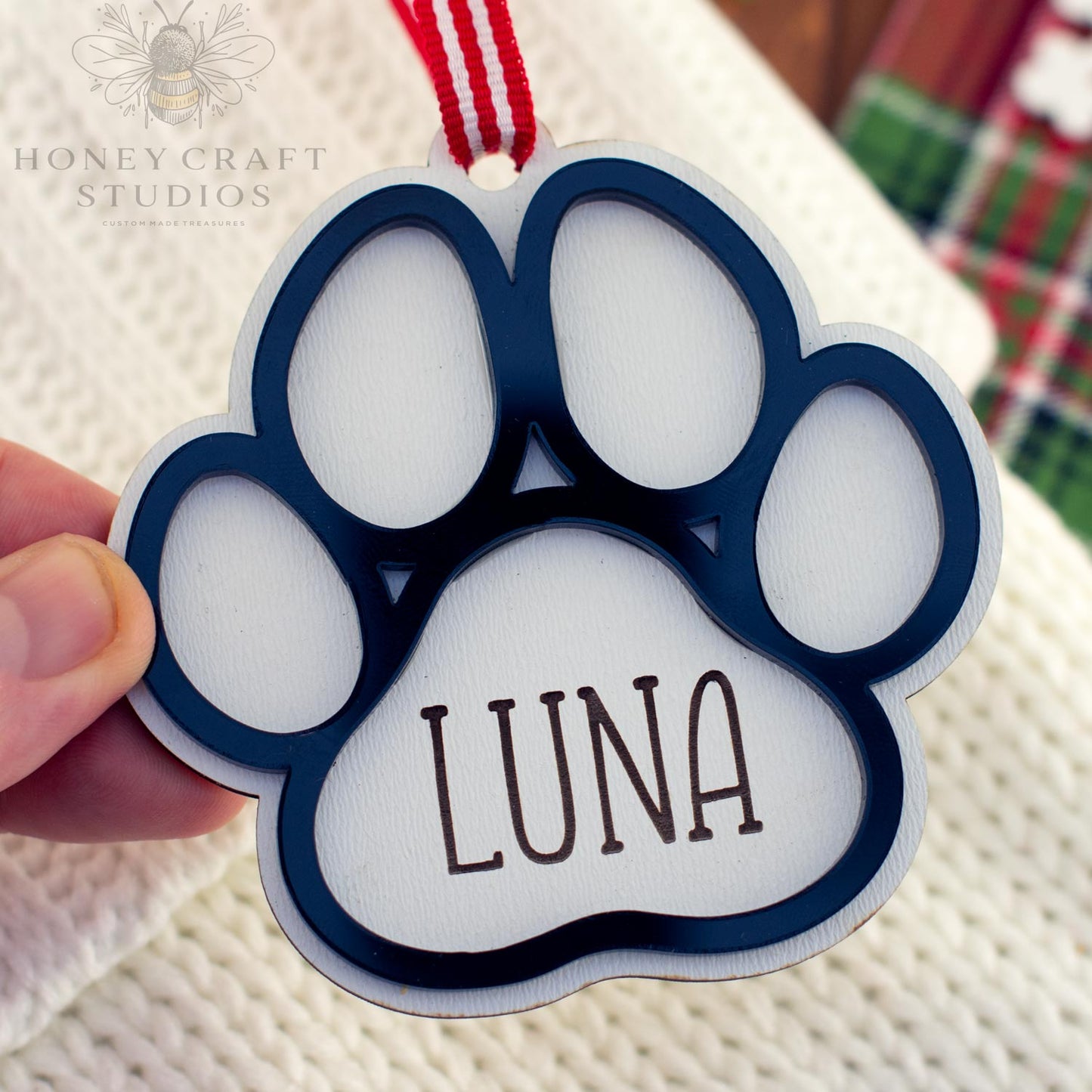 Personalized Christmas Dog Ornament | Wood & Acrylic Paw Print