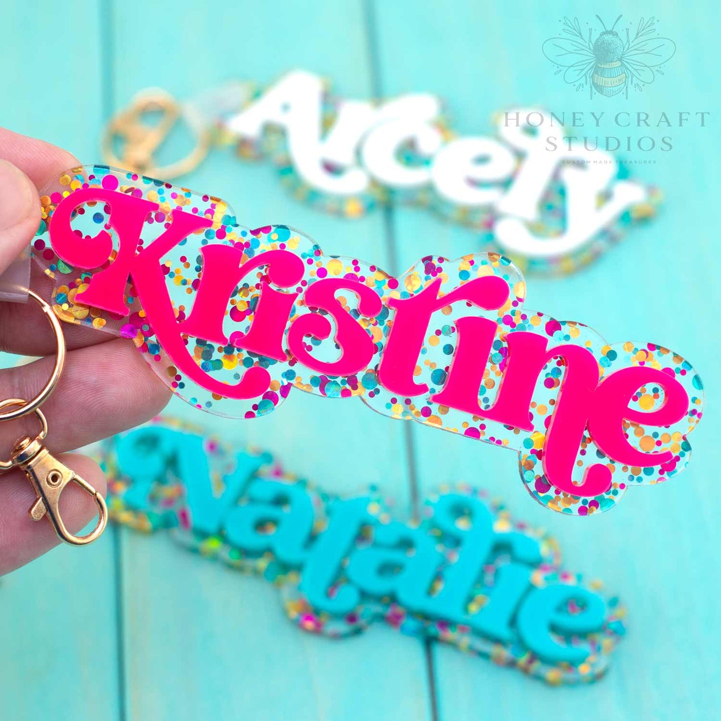 Custom Name Keychain Polka Dot Glitter – Personalized Backpack Tag