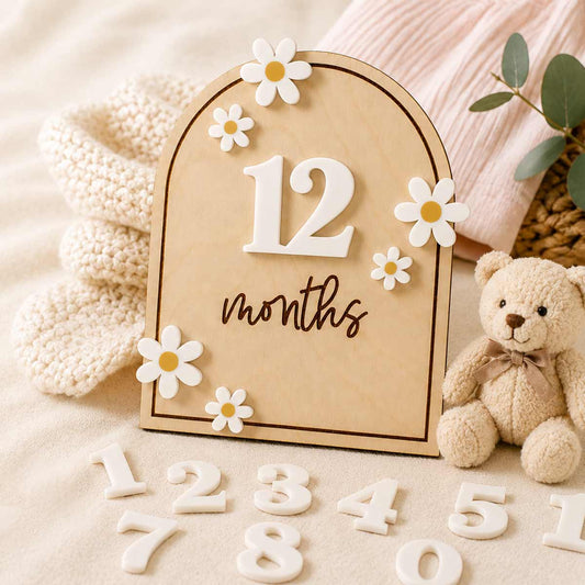 Baby Milestone Arch Sign with Daisies – Wooden Monthly Baby Milestone Marker, Engraved Wood & Acrylic Photo Prop
