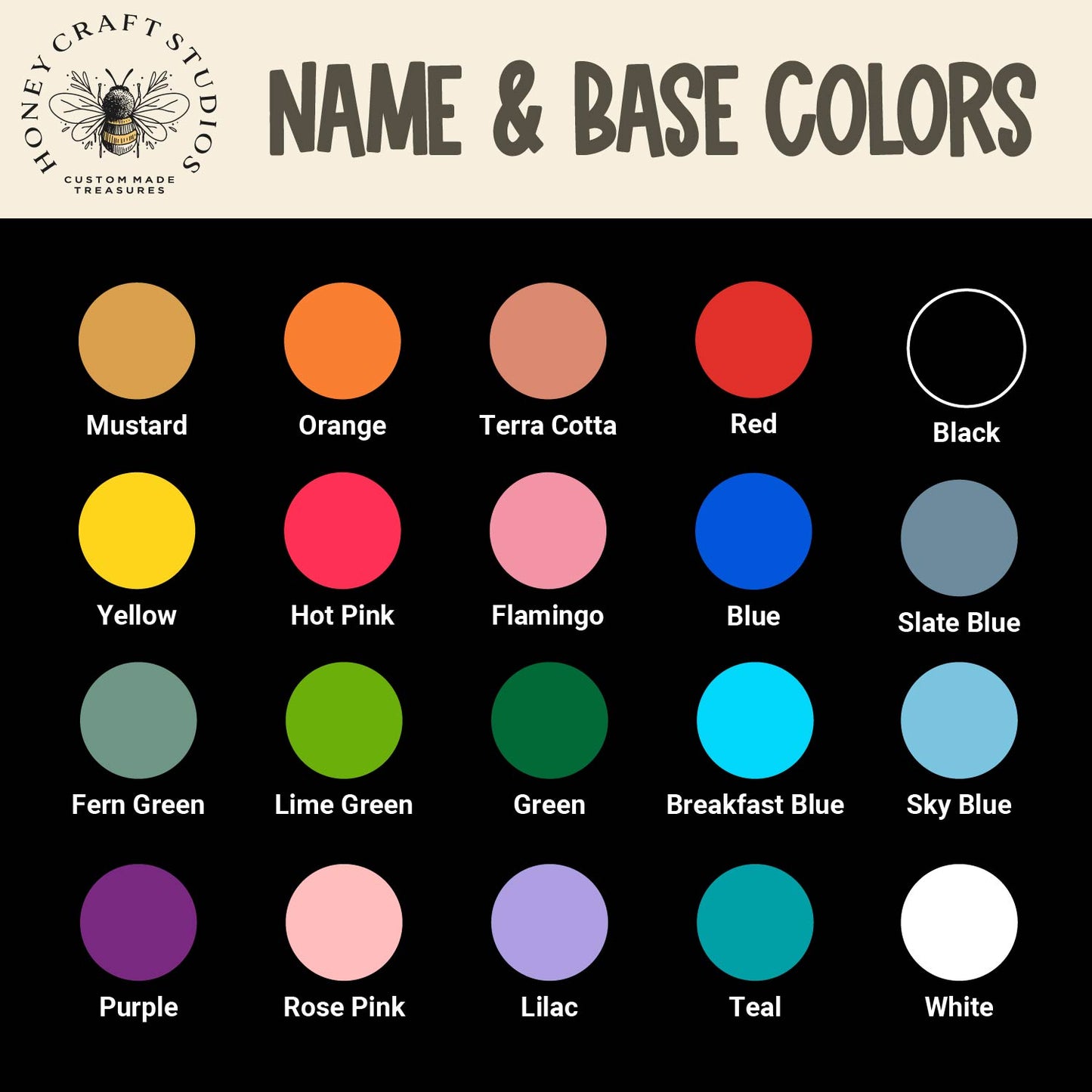 Color swatch chart with various colors and names, branded as Honeybee Craft Studios.