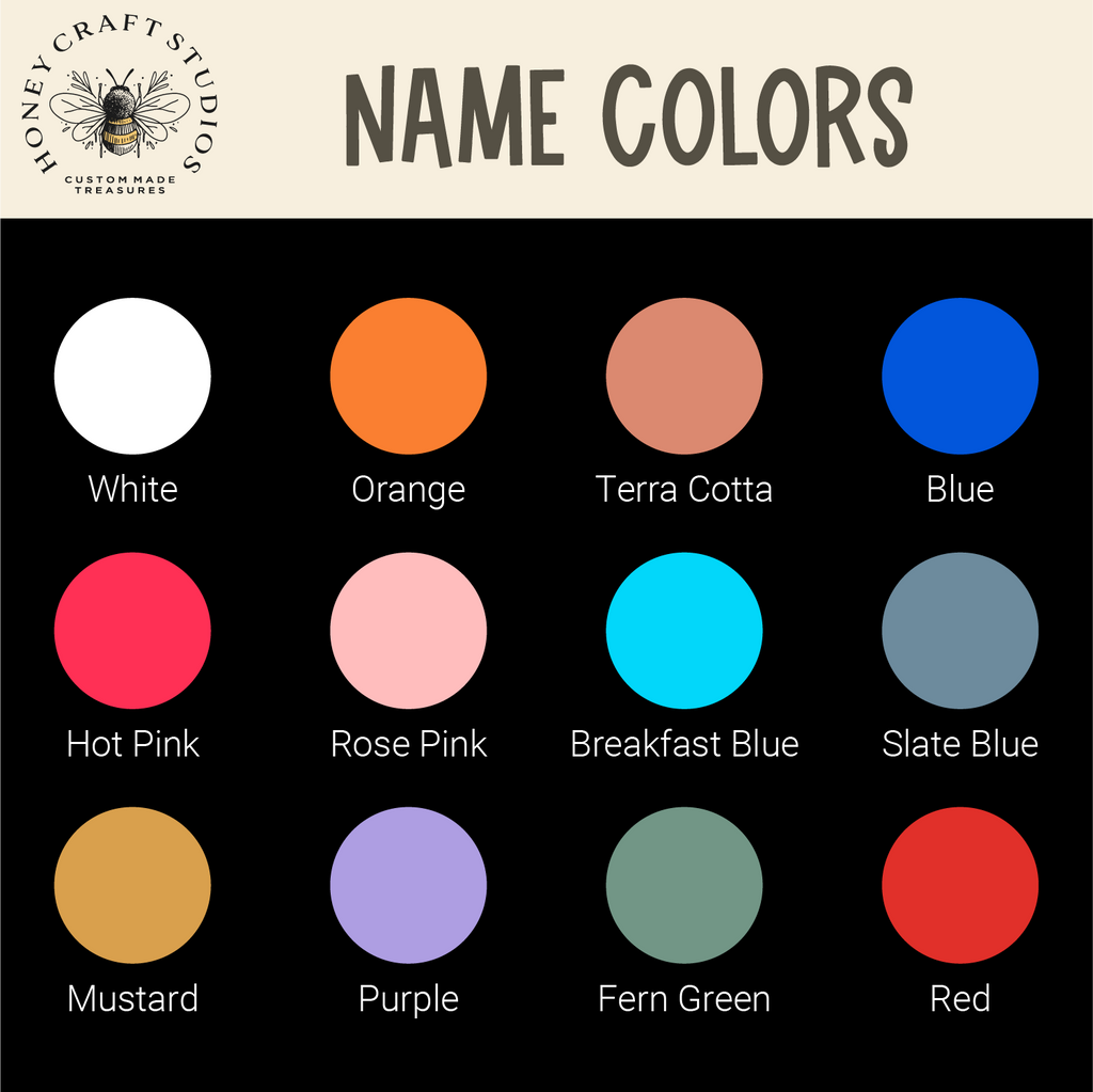 Color preview showing all color options for custom name keychains in fixed bold style.