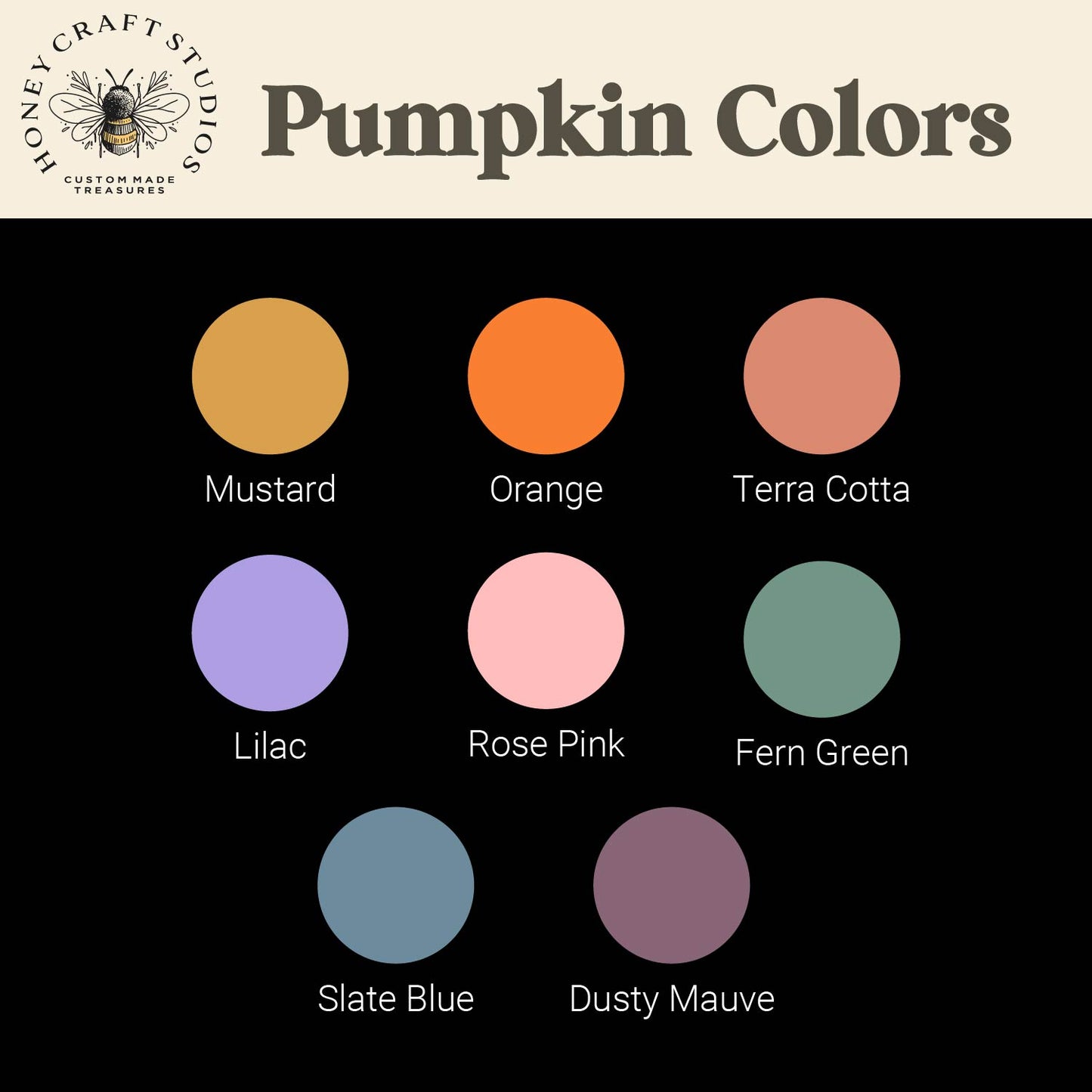 Color swatches labeled with pumpkin colors on a black background