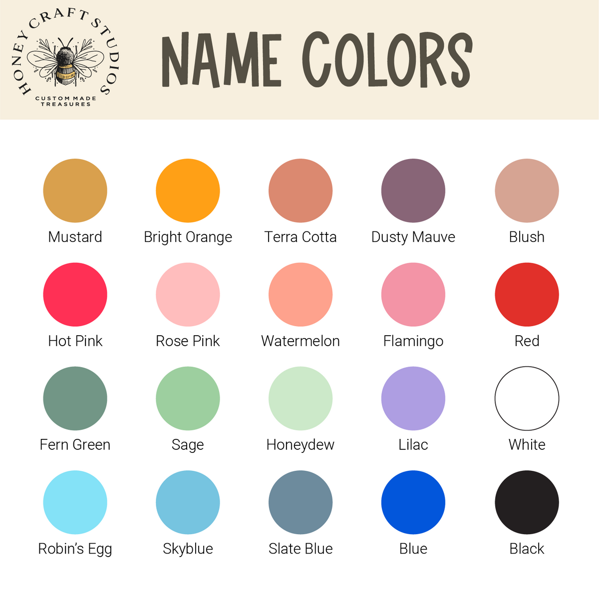 Color options preview for custom acrylic name tags, displaying available name colors including mustard, lilac, fern green, and terracotta.