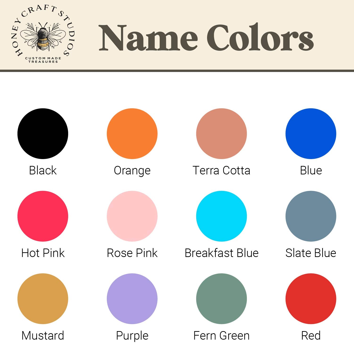 Color chart displaying available name text options for personalized dinosaur name tags, including a variety of bold and bright acrylic color choices.