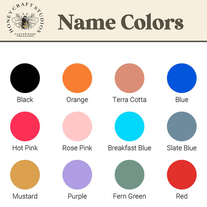 Color chart displaying available name text options for personalized dinosaur name tags, including a variety of bold and bright acrylic color choices.