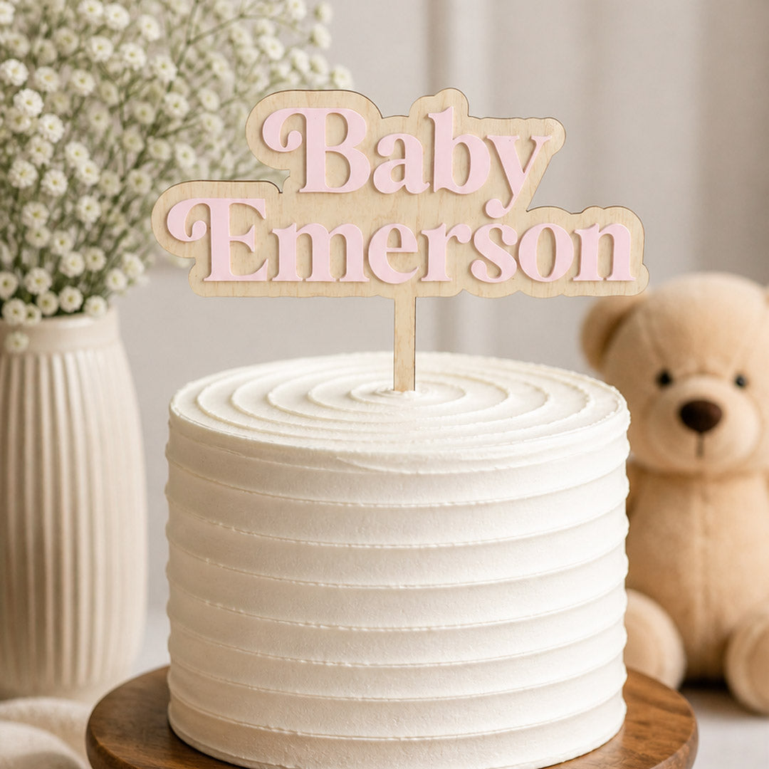 Personalized Baby Name Cake Topper Custom Wood + Acrylic | Baby Shower or First Birthday