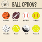 Illustrations of various sports balls available for the custom keychains. Features: basketball, Football, Baseball, Softball, Volley ball, Tennis, Golf, Pickleball.