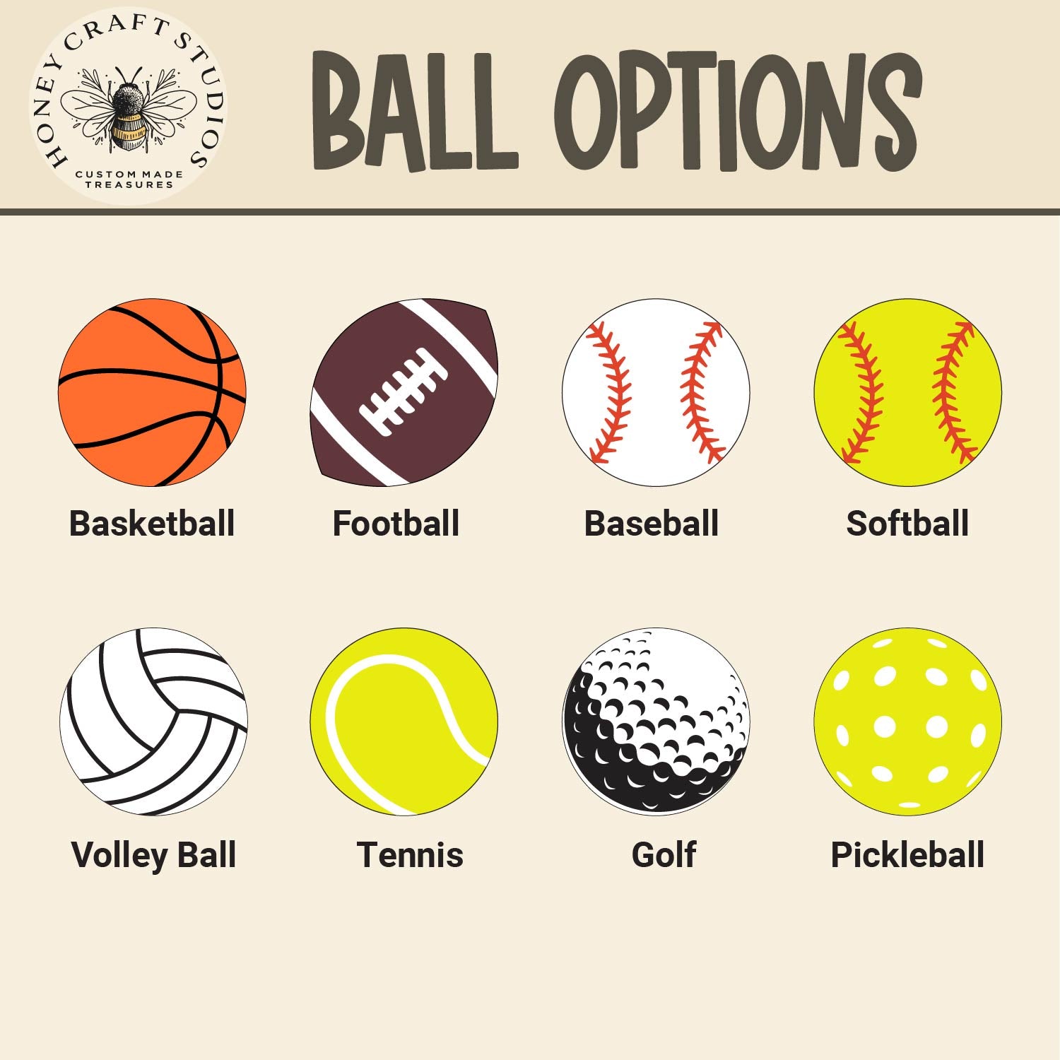 Illustrations of various sports balls available for the custom keychains. Features: basketball, Football, Baseball, Softball, Volley ball, Tennis, Golf, Pickleball.