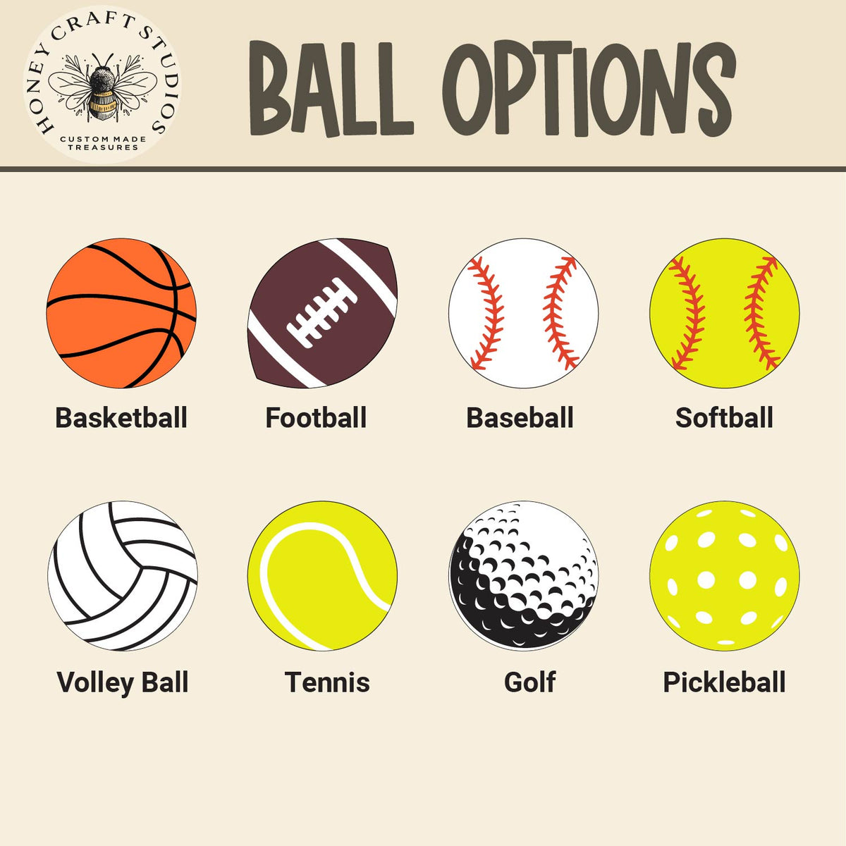 Illustrations of various sports balls available for the custom keychains. Features: basketball, Football, Baseball, Softball, Volley ball, Tennis, Golf, Pickleball.