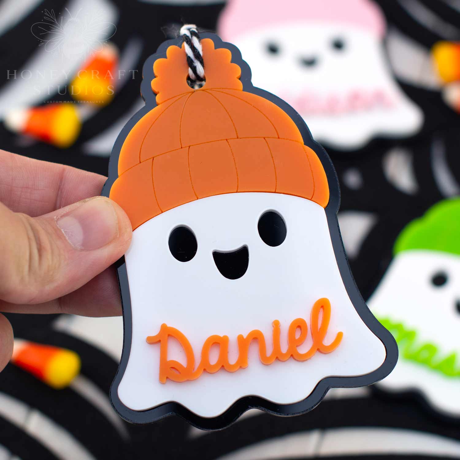 Custom Ghost with Beanie Name Tag featuring an orange beanie and personalized name — Halloween backpack tag or boo basket charm.
