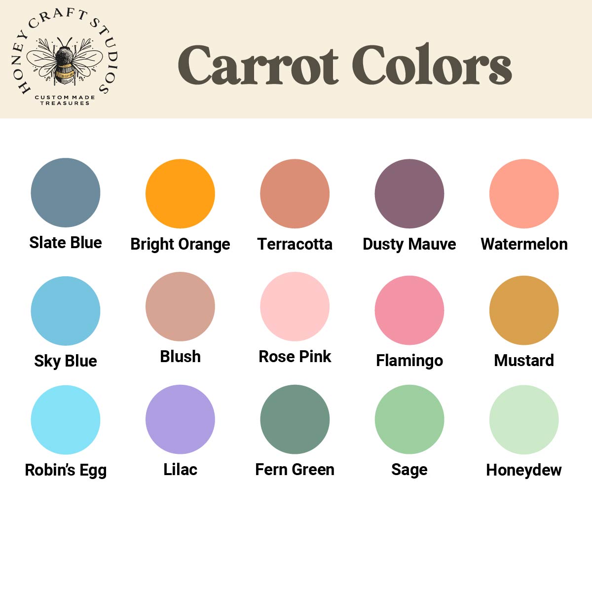 Acrylic carrot color options chart for personalized Easter basket name tags, including orange, pink, mauve, blue, green, and neutral tones