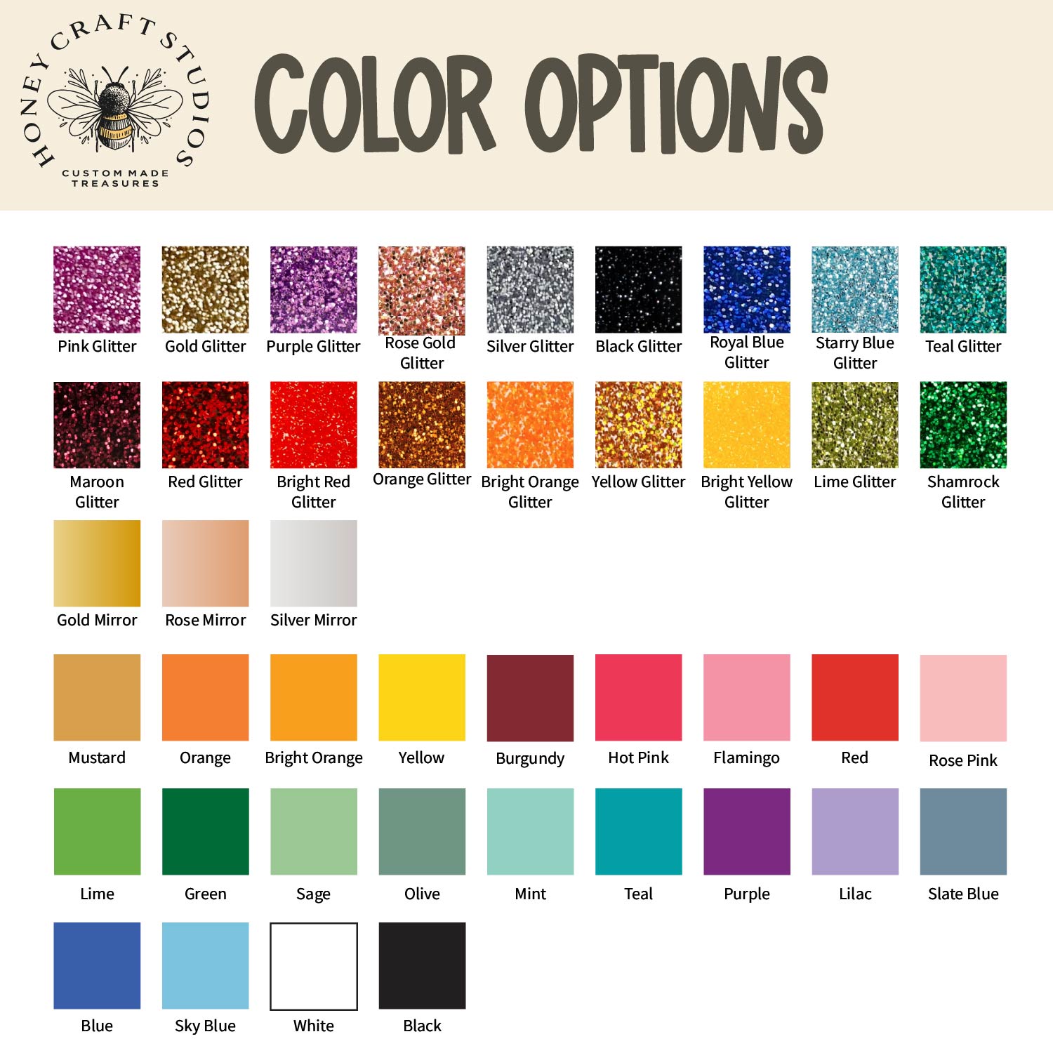Color options chart with various glitter and non-glitter colors from Honey Craft Studios.