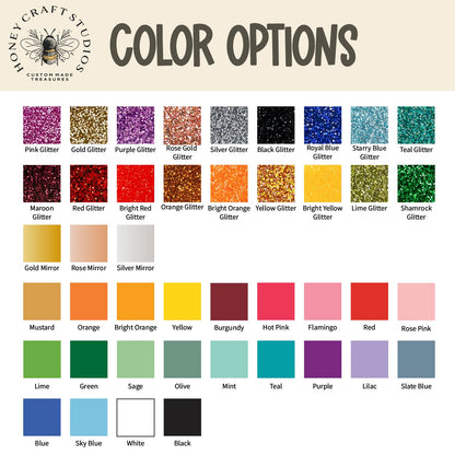 Color options chart with various glitter and non-glitter colors from Honey Craft Studios.