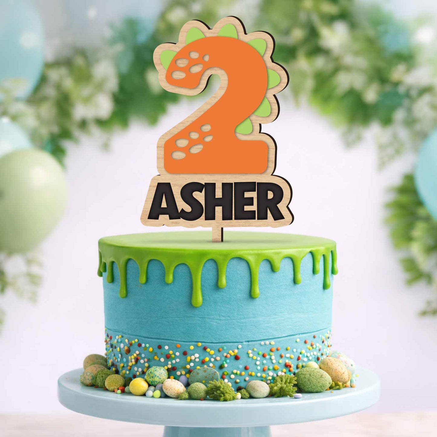 Personalized Dinosaur Number Cake Topper with Name – Custom Wooden & Acrylic Dino Birthday Topper