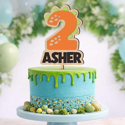 Personalized Dinosaur Number Cake Topper with Name – Custom Wooden & Acrylic Dino Birthday Topper