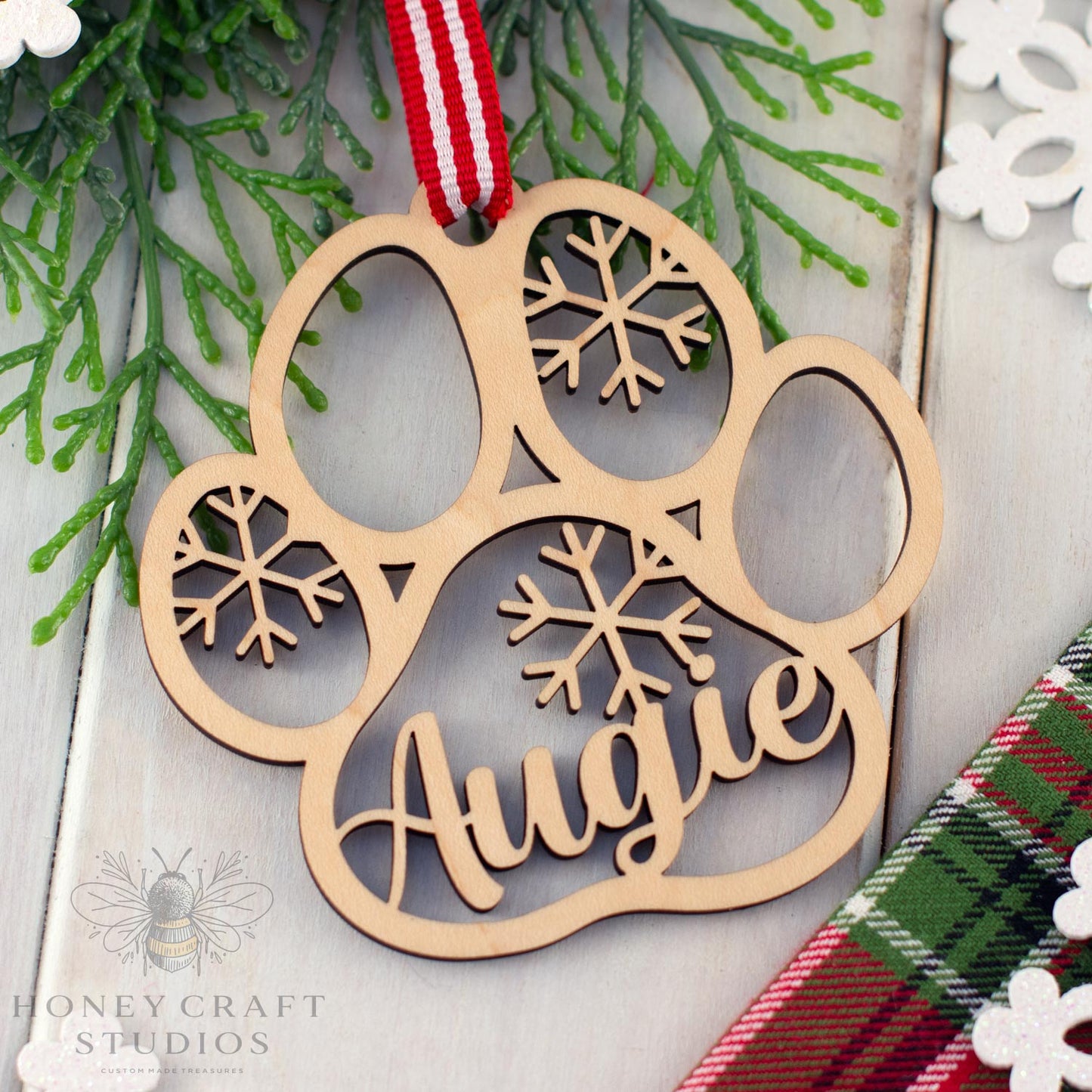 Personalized Wooden Pet Ornament | Custom Dog Paw Christmas Ornament for Pet Lovers
