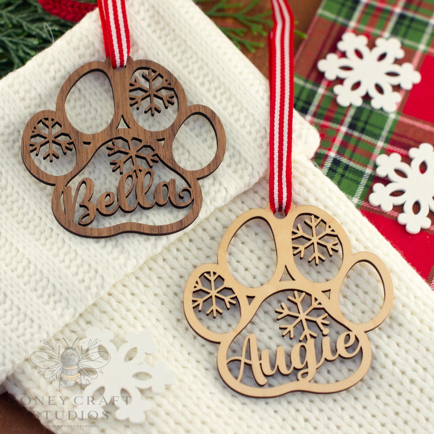 Personalized Wooden Pet Ornament | Custom Dog Paw Christmas Ornament for Pet Lovers