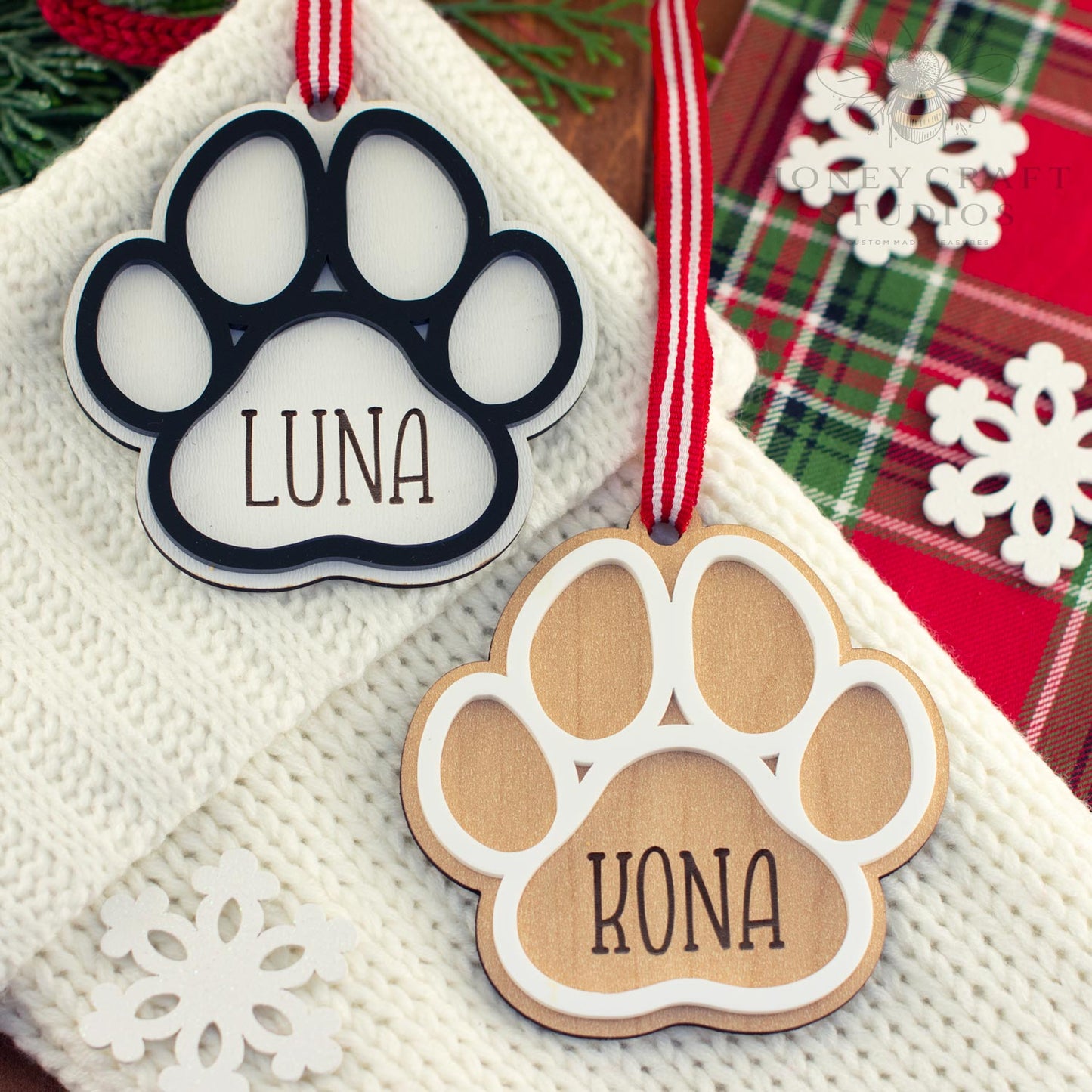 Personalized Christmas Dog Ornament | Wood & Acrylic Paw Print