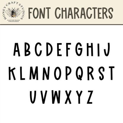 Font preview showing all character examples for custom name keychains in fixed bold style.