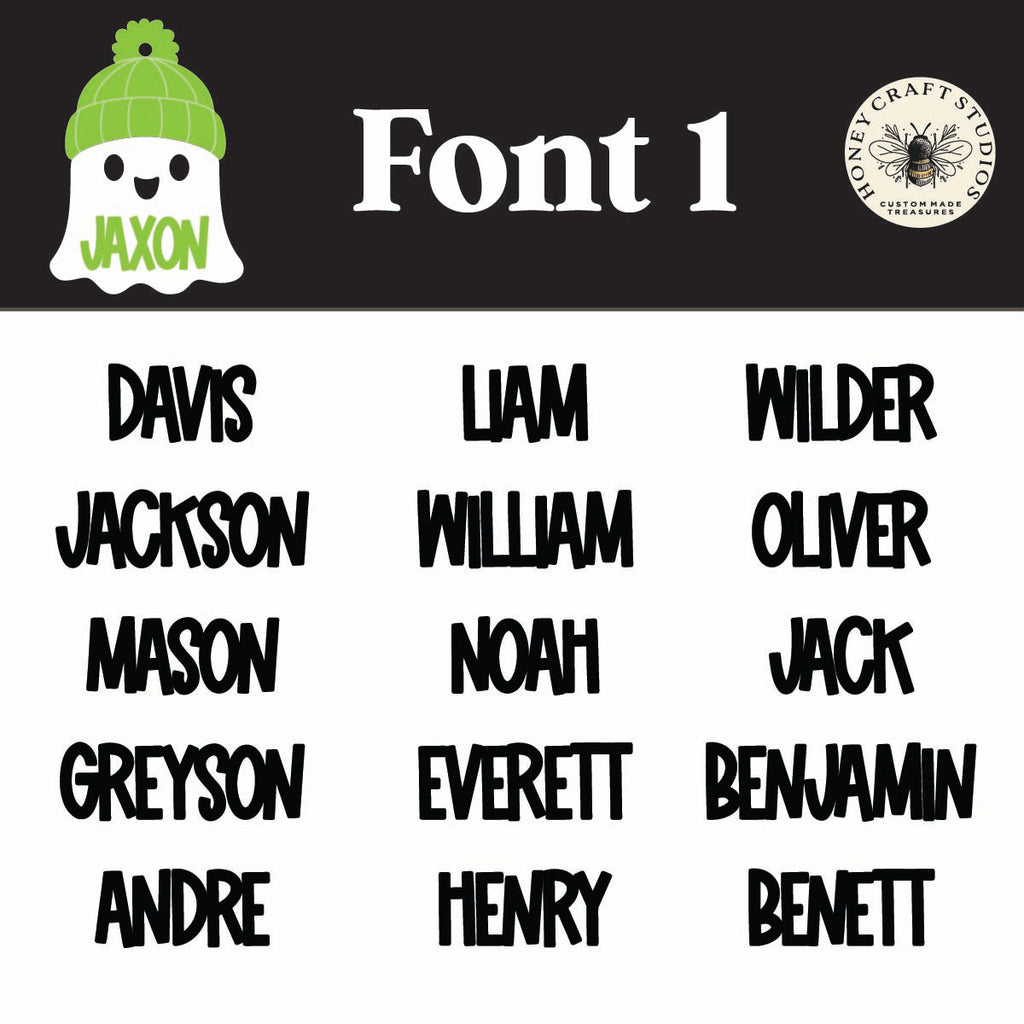 Font option one preview for Ghost with Beanie Name Tags — choose your favorite font style for personalized Halloween backpack tags.