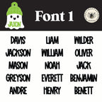Font option one preview for Ghost with Beanie Name Tags — choose your favorite font style for personalized Halloween backpack tags.