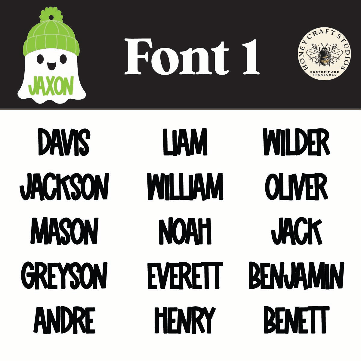 Font option one preview for Ghost with Beanie Name Tags — choose your favorite font style for personalized Halloween backpack tags.