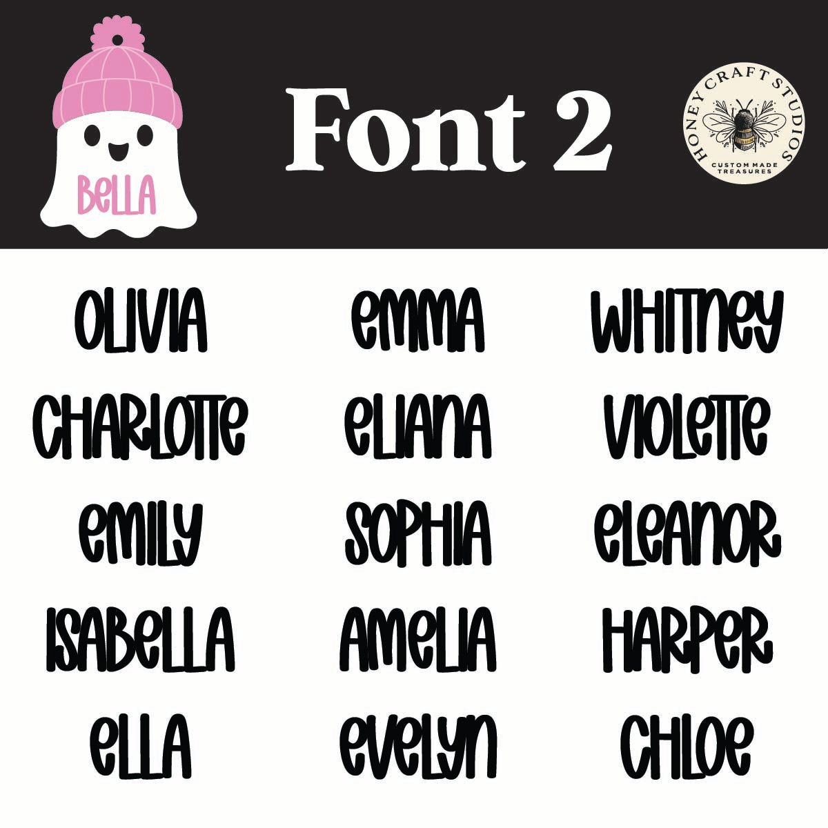 Font option two preview for Ghost with Beanie Personalized Tags — acrylic Halloween basket name tags with customizable lettering.