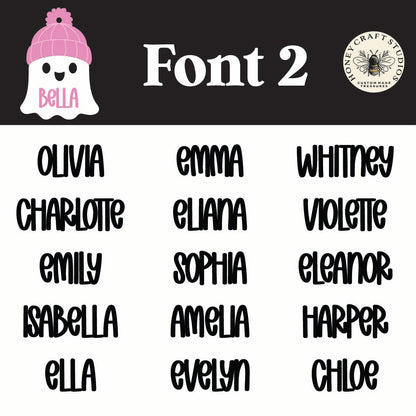 Font option two preview for Ghost with Beanie Personalized Tags — acrylic Halloween basket name tags with customizable lettering.