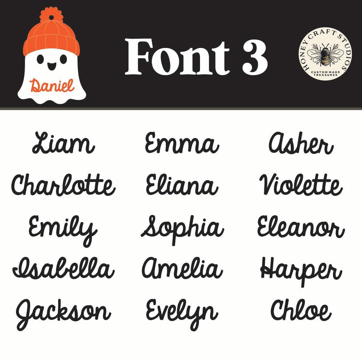 Font option three preview for Ghost with Beanie Custom Name Tags — personalized Halloween boo bag keychains for kids.