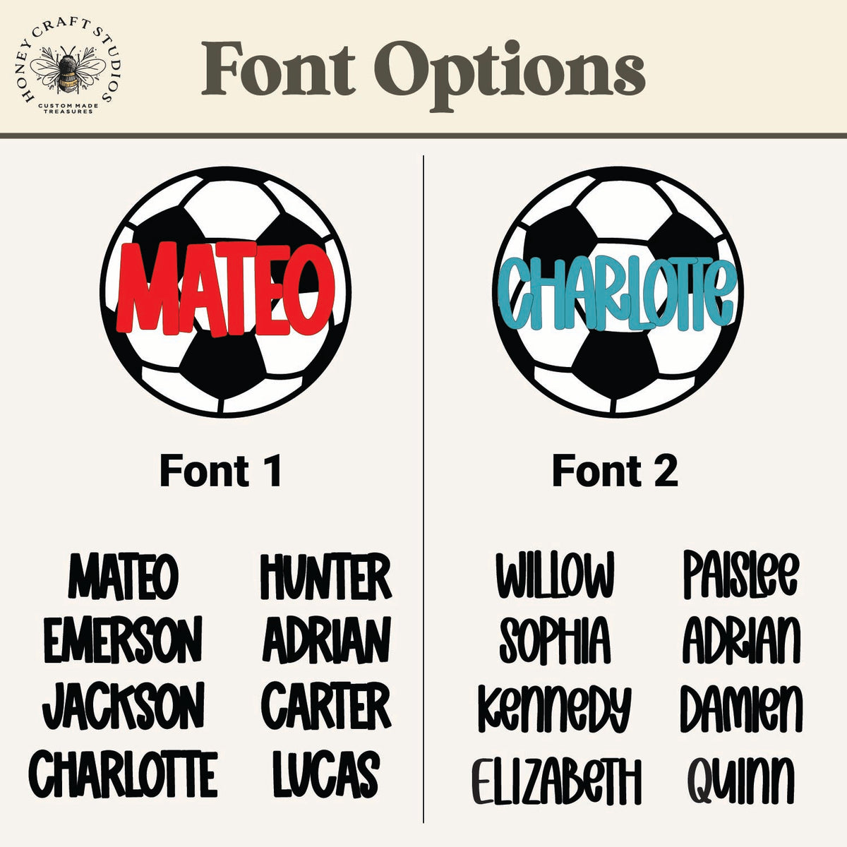 A digital preview graphic titled 'Font Options' showing two soccer ball examples with custom text: 'MATEO' in red on black and white, and 'CHARLOTTE' in light blue on black and white. Below each example are sample names for Font 1 and Font 2, and the Honey Craft Studio logo appears in the top left corner.
