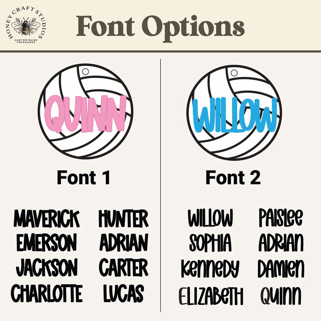A digital preview graphic titled 'Font Options' from Honey Craft Studio, showing two volleyball design options with customizable names: 'QUINN' in pink font and 'WILLOW' in blue font. Below each volleyball is the text 'Font 1' and 'Font 2' followed by lists of name options.