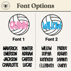 A digital preview graphic titled 'Font Options' from Honey Craft Studio, showing two volleyball design options with customizable names: 'QUINN' in pink font and 'WILLOW' in blue font. Below each volleyball is the text 'Font 1' and 'Font 2' followed by lists of name options.