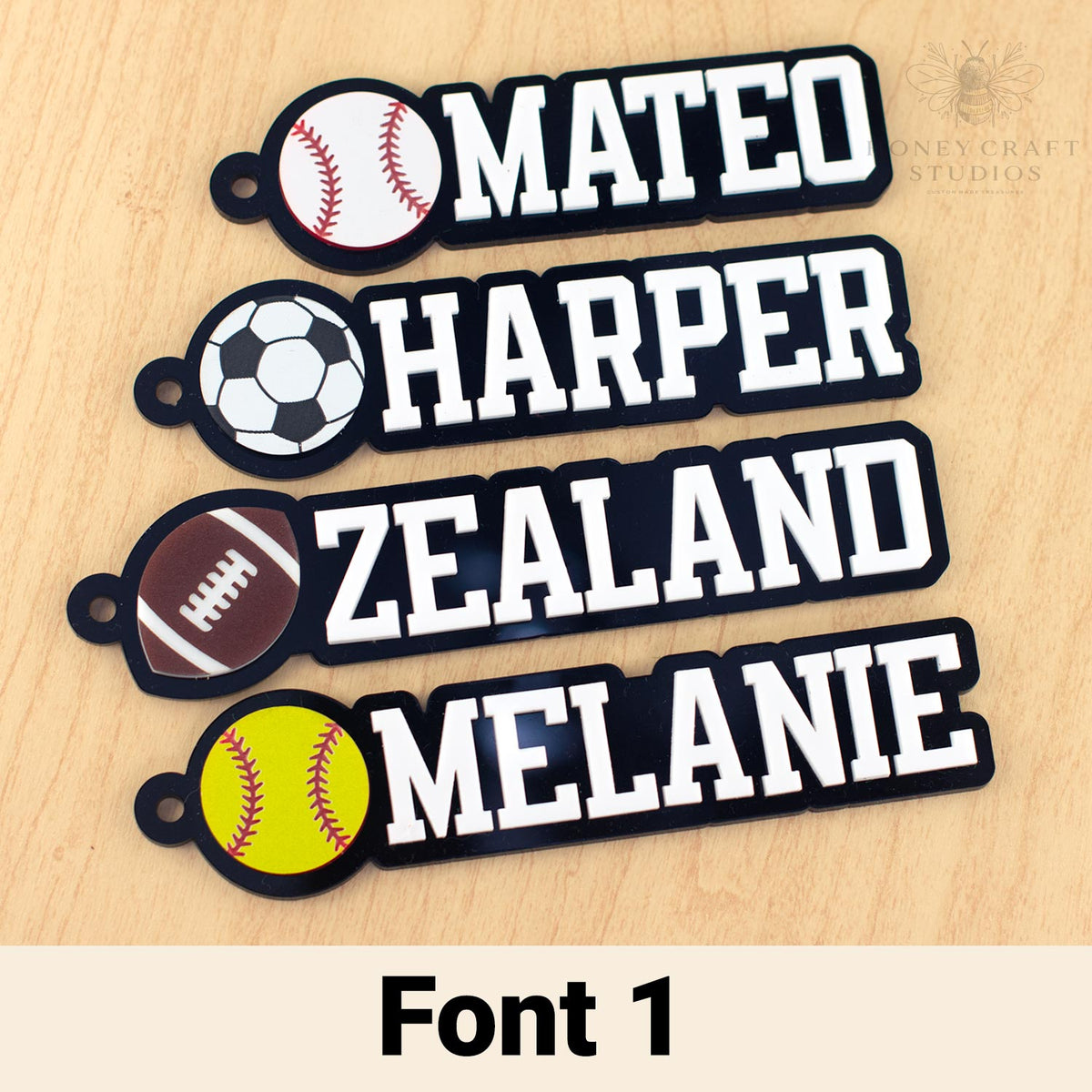 Personalized name tags with sports-themed designs written in Font 1.