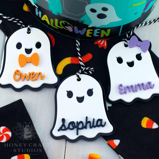 Personalized Ghost Name Tags - Halloween Basket Tags for Kids - Custom Acrylic Backpack Keychains