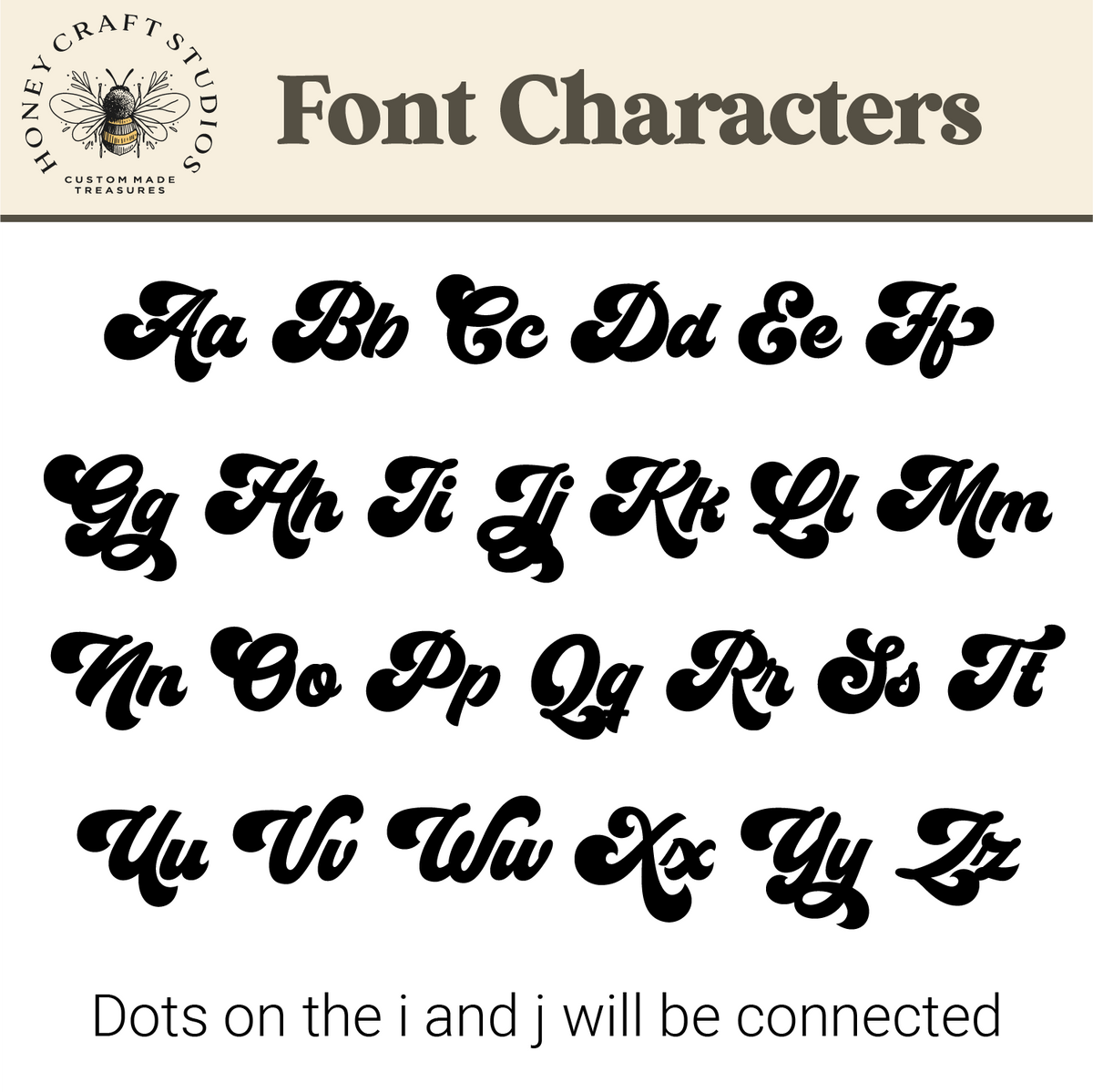 Groovy retro font preview showing example letters and the full alphabet used for personalized acrylic name tags.