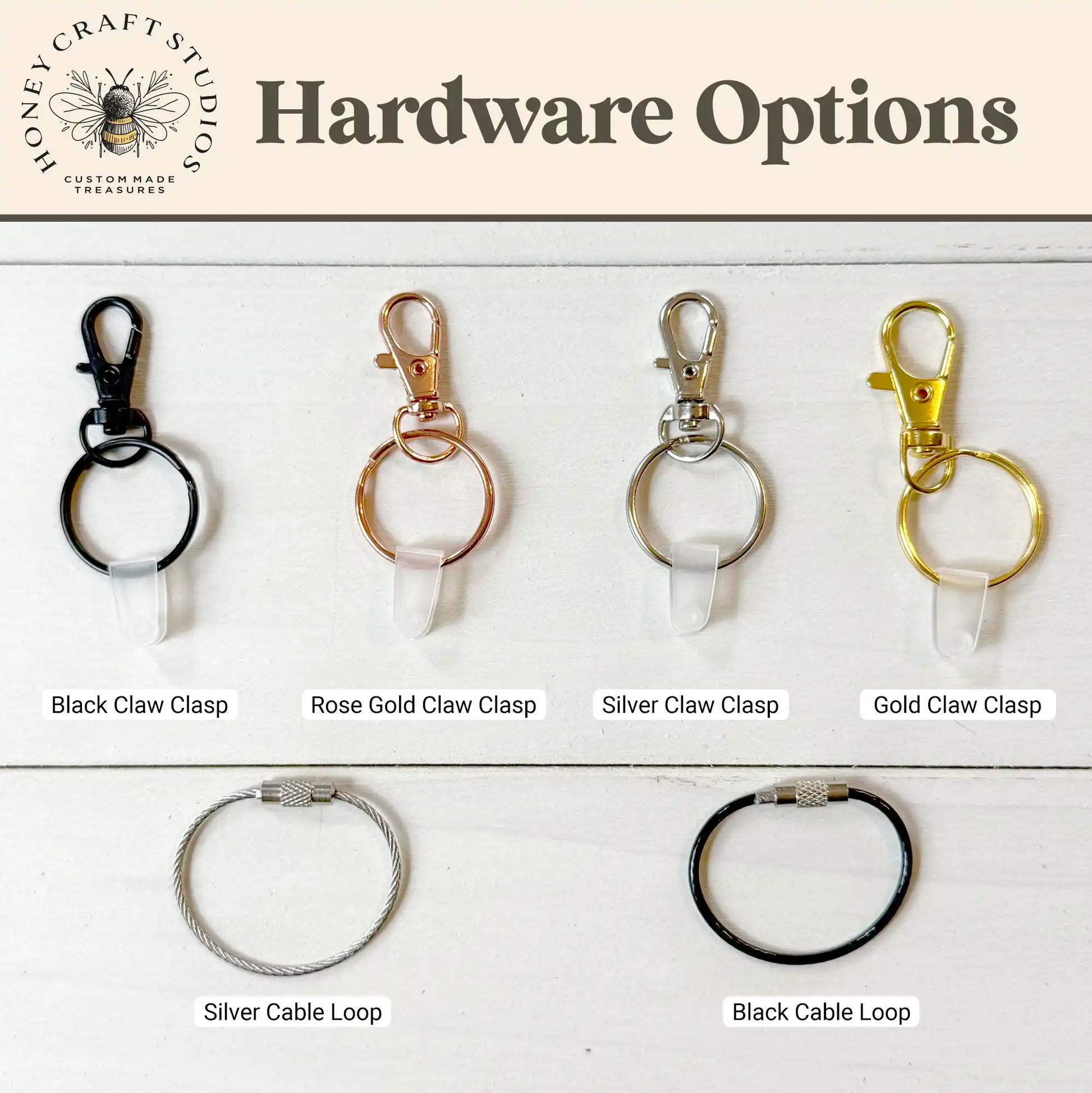 Image showing six hardware options for custom name tags, including black, rose gold, silver, and gold claw clasps, along with black and silver cable loops.