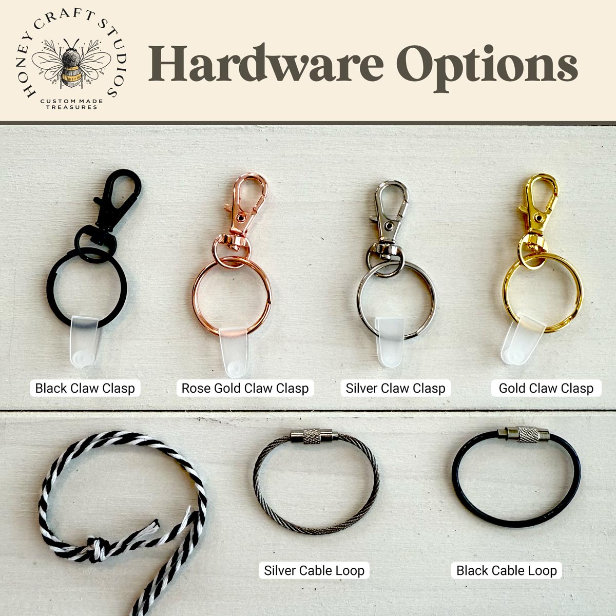 Fastener choices for Skull Name Tags — black and white string included, upgrade to cable loops or claw clasps in multiple colors.
