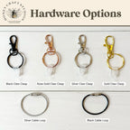Various hardware options including black claw clasp, rose gold claw clasp, silver claw clasp, gold claw clasp, silver cable loop, and black cable loop on a white background.