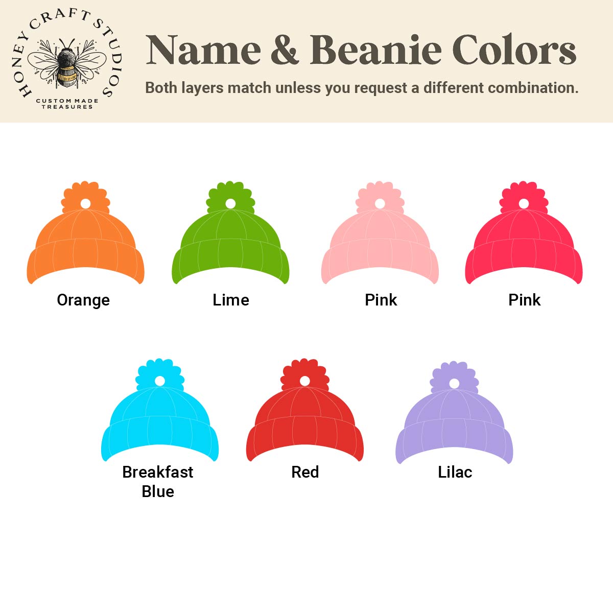 Color chart showing beanie and name color choices for Ghost with Beanie Personalized Name Tags — custom Halloween basket tags for kids.