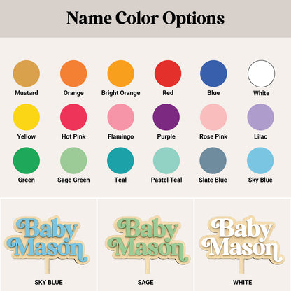 Acrylic color options for the cake topper names on a wooden background.