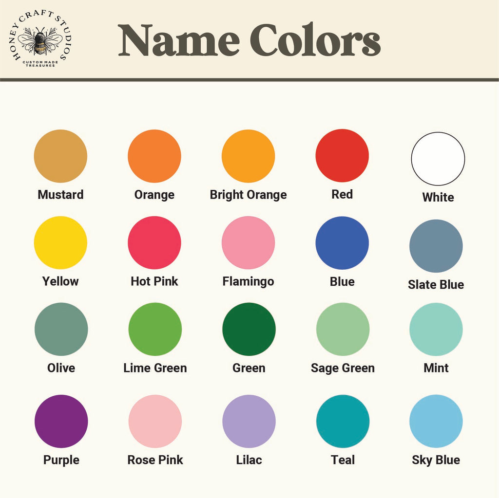 A color chart titled 'Name Colors' from Honey Craft Studio, showing 24 circular color swatches arranged in a grid with labeled names such as mustard, orange, bright orange, red, white, yellow, hot pink, flamingo, blue, slate blue, olive, lime green, green, sage green, mint, purple, rose pink, lilac, teal, and sky blue.
