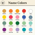 A color chart titled 'Name Colors' from Honey Craft Studio, showing 24 circular color swatches arranged in a grid with labeled names such as mustard, orange, bright orange, red, white, yellow, hot pink, flamingo, blue, slate blue, olive, lime green, green, sage green, mint, purple, rose pink, lilac, teal, and sky blue.
