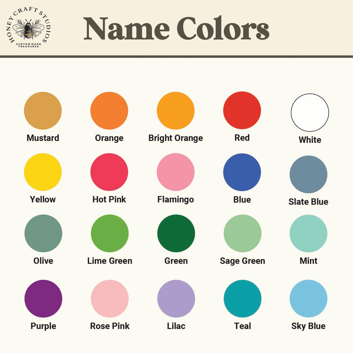 A color chart titled 'Name Colors' from Honey Craft Studio, showing 24 circular color swatches arranged in a grid with labeled names such as mustard, orange, bright orange, red, white, yellow, hot pink, flamingo, blue, slate blue, olive, lime green, green, sage green, mint, purple, rose pink, lilac, teal, and sky blue.