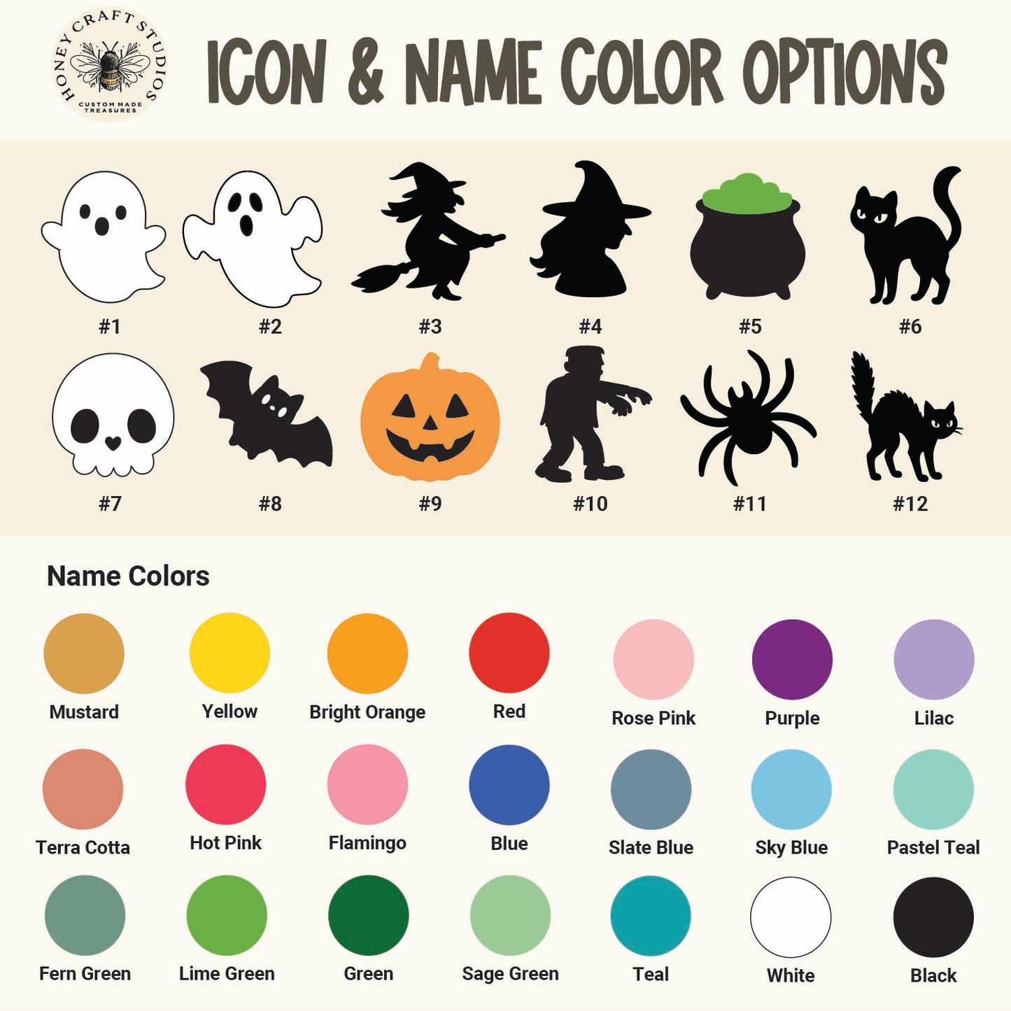 A digital graphic sheet titled 'ICON & NAME COLOR OPTIONS' from The Handcrafted Studio. The top half shows 12 Halloween-themed icon silhouettes (ghost, witch, cat, pumpkin, spider, etc.