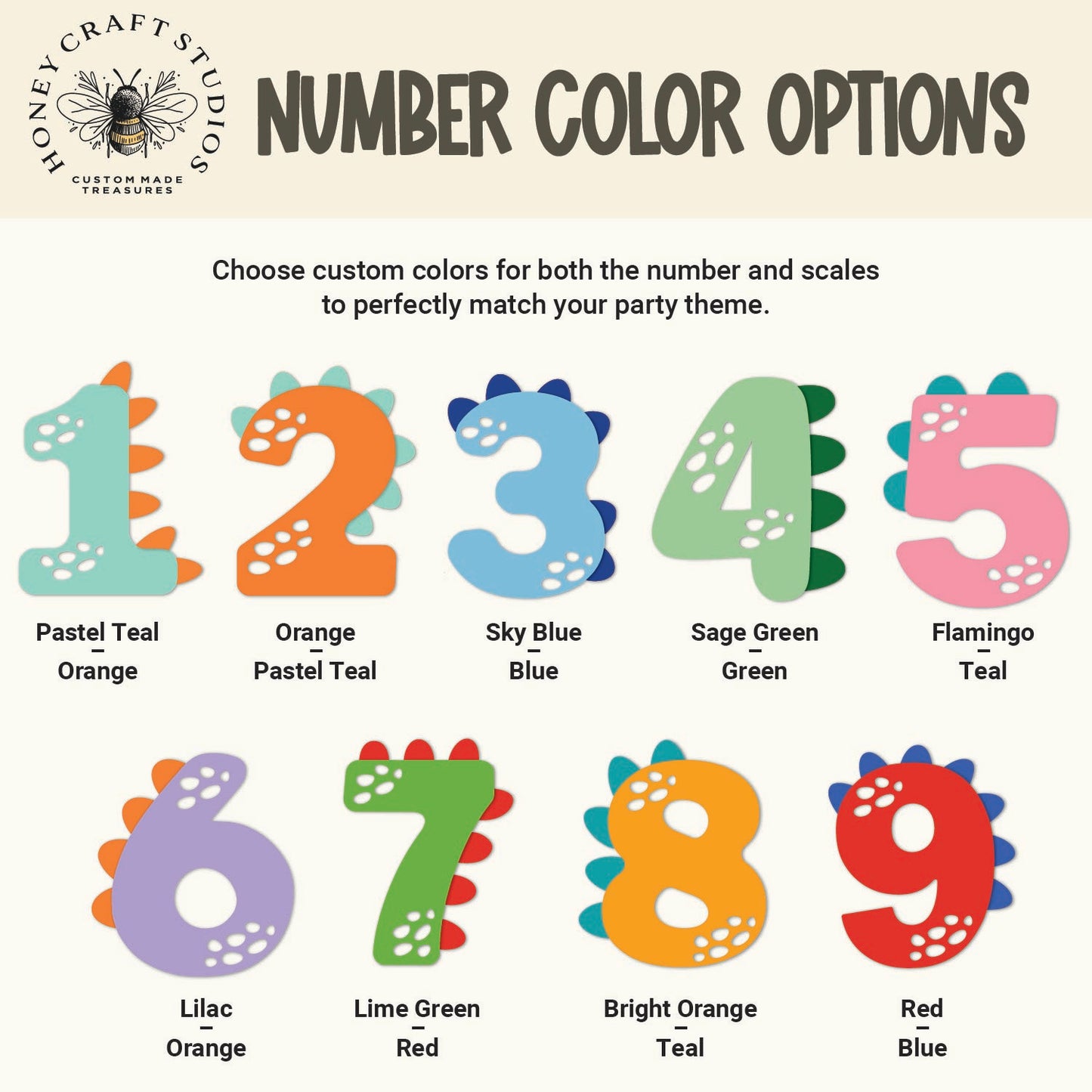 Color options for dinosaur-themed numbers with Honey Craft Studios branding.