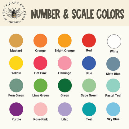 Color chart with various color swatches for the dino number and scales from Honey Craft Studios