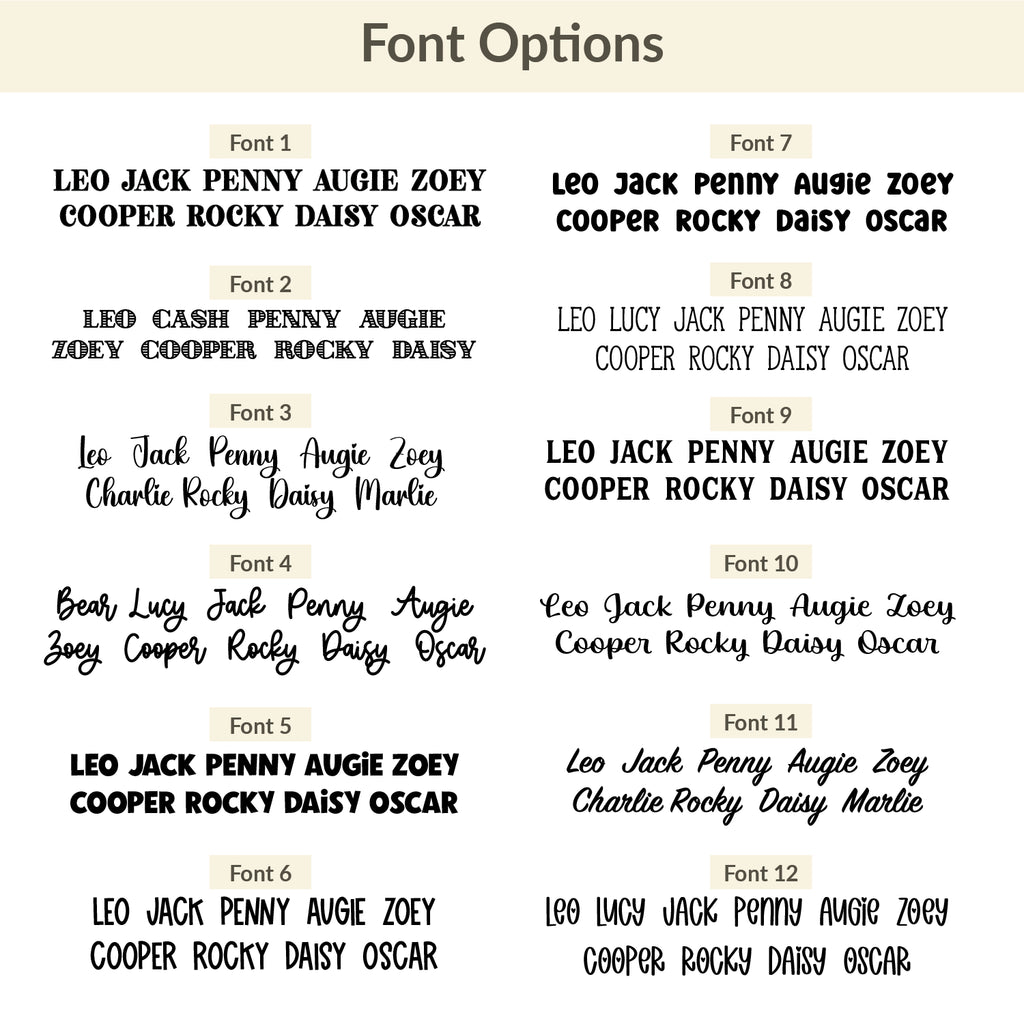 Font options chart for custom dog tags showing multiple engraving styles for pet names