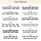 Font options chart for custom dog tags showing multiple engraving styles for pet names