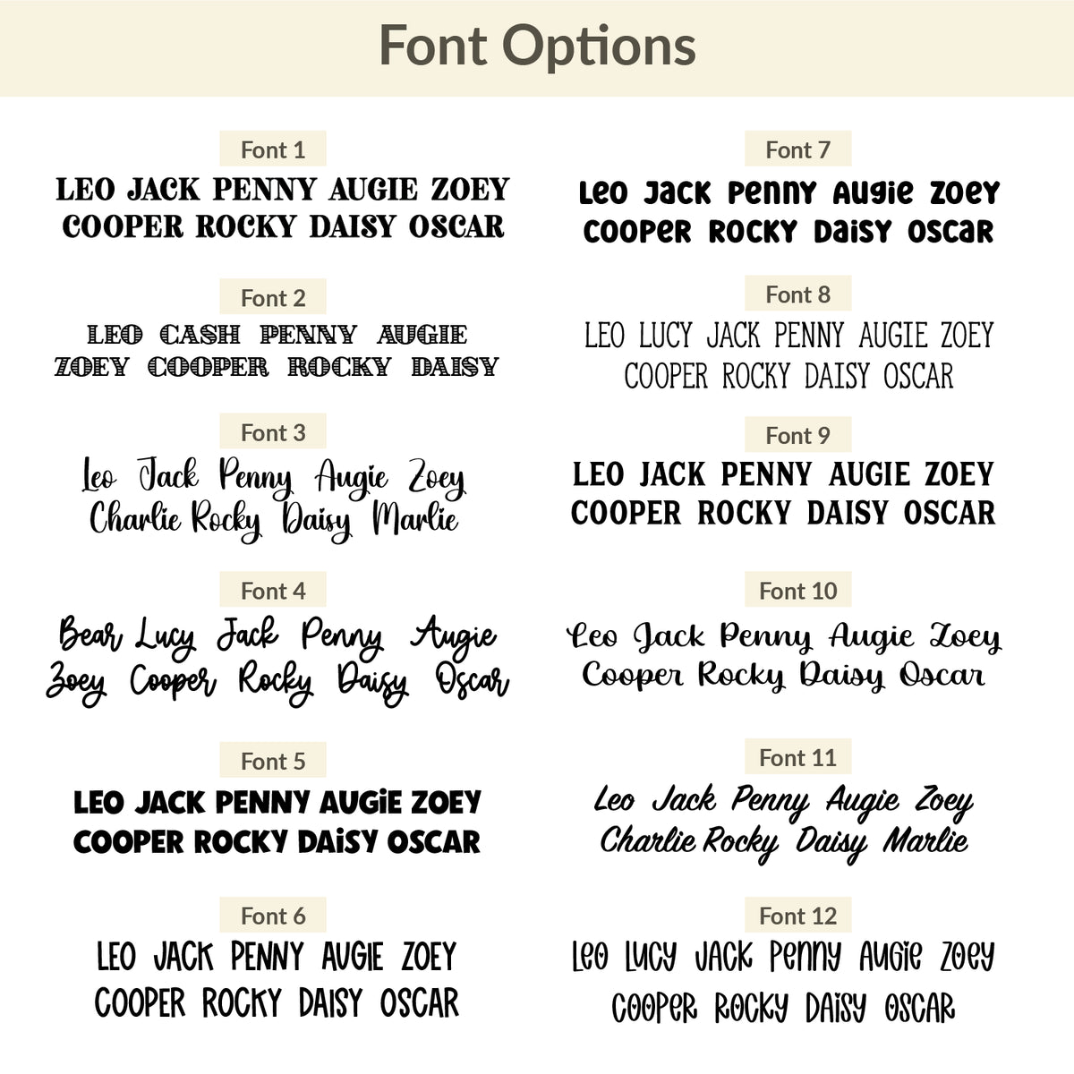 Font options chart for custom dog tags showing multiple engraving styles for pet names