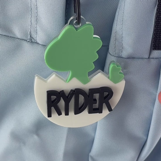 Personalized dinosaur name tags for kids shown in pink and green colors with names Ryder and Nora, ideal for backpacks or school bags.